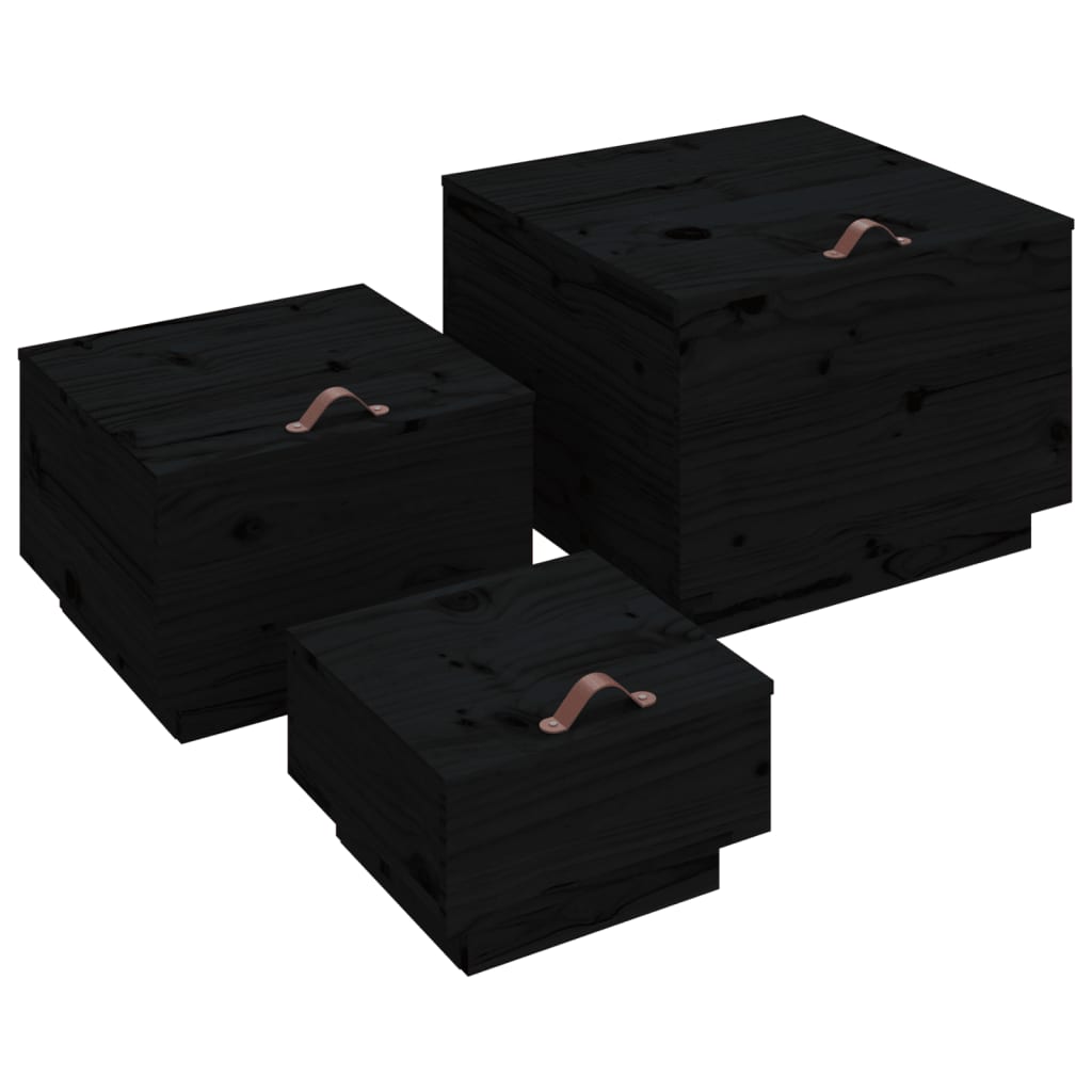 Storage Boxes with Lids 3 pcs Black Solid Wood Pine